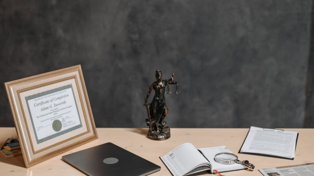 Secretária com documentos legais e estátua da justiça